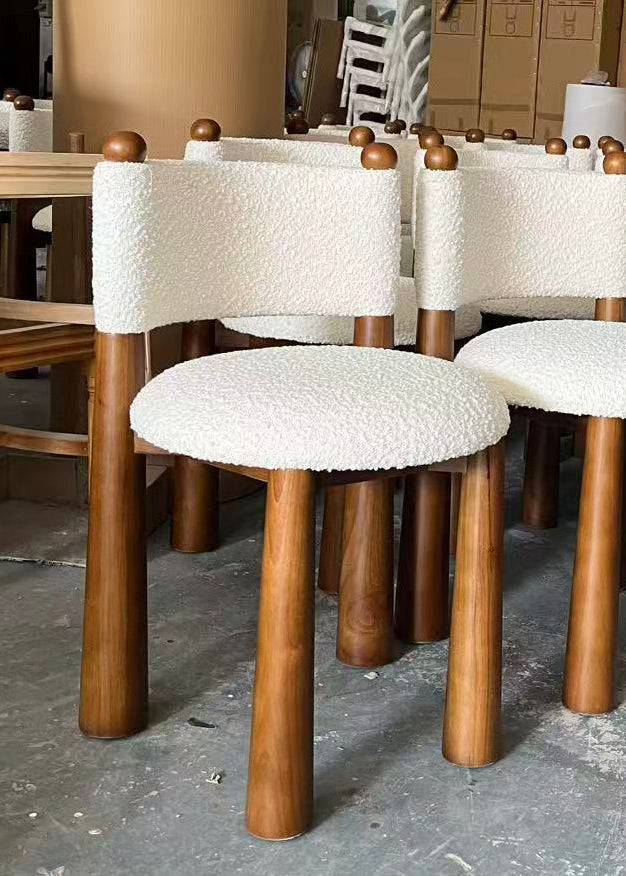 Talia White Boucle Dining Chair with Wood Cone Legs
