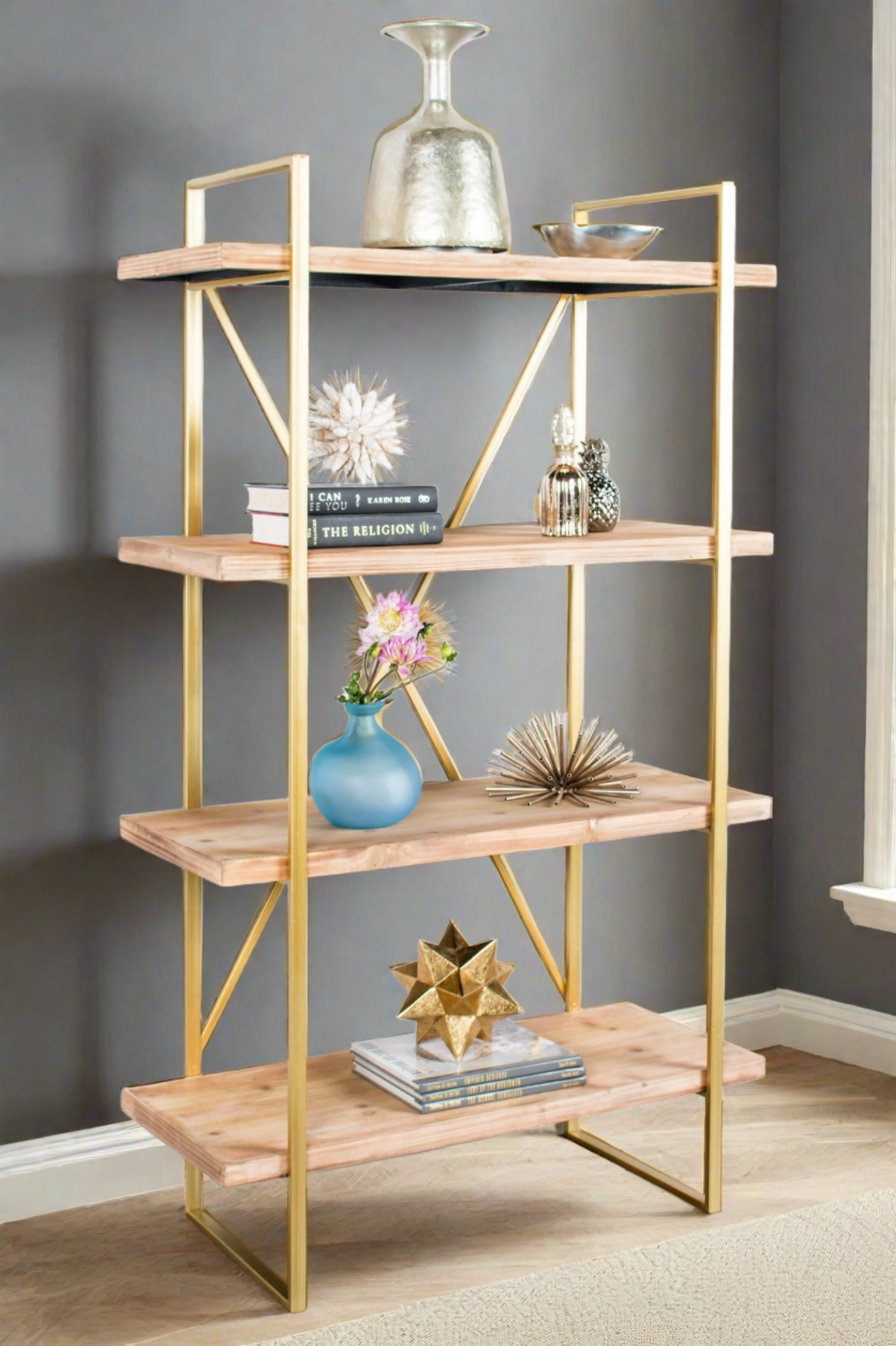 wood and gold tall etagere bookcase
