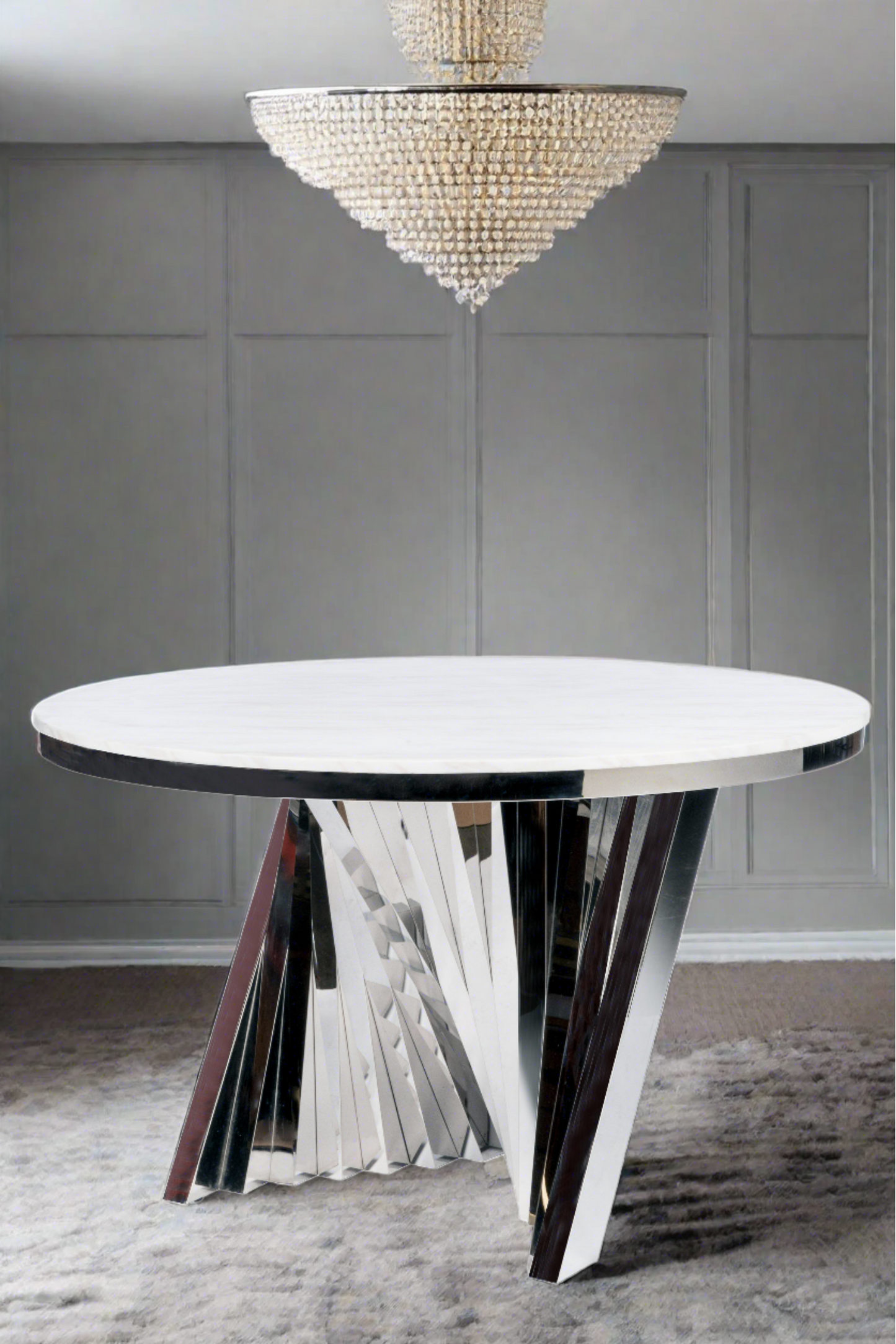 white marble top, chrome base round dining table