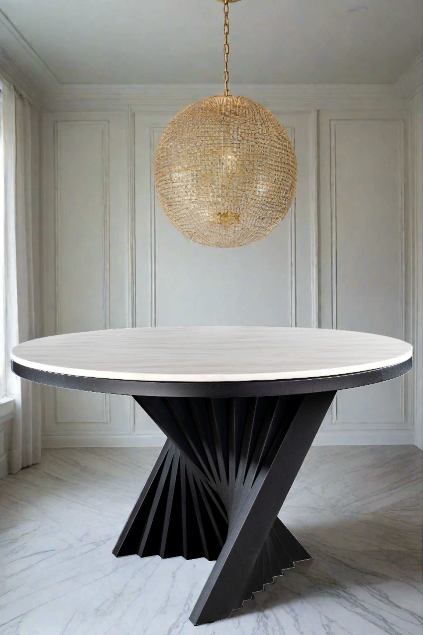 white marble top black architectural round dining table