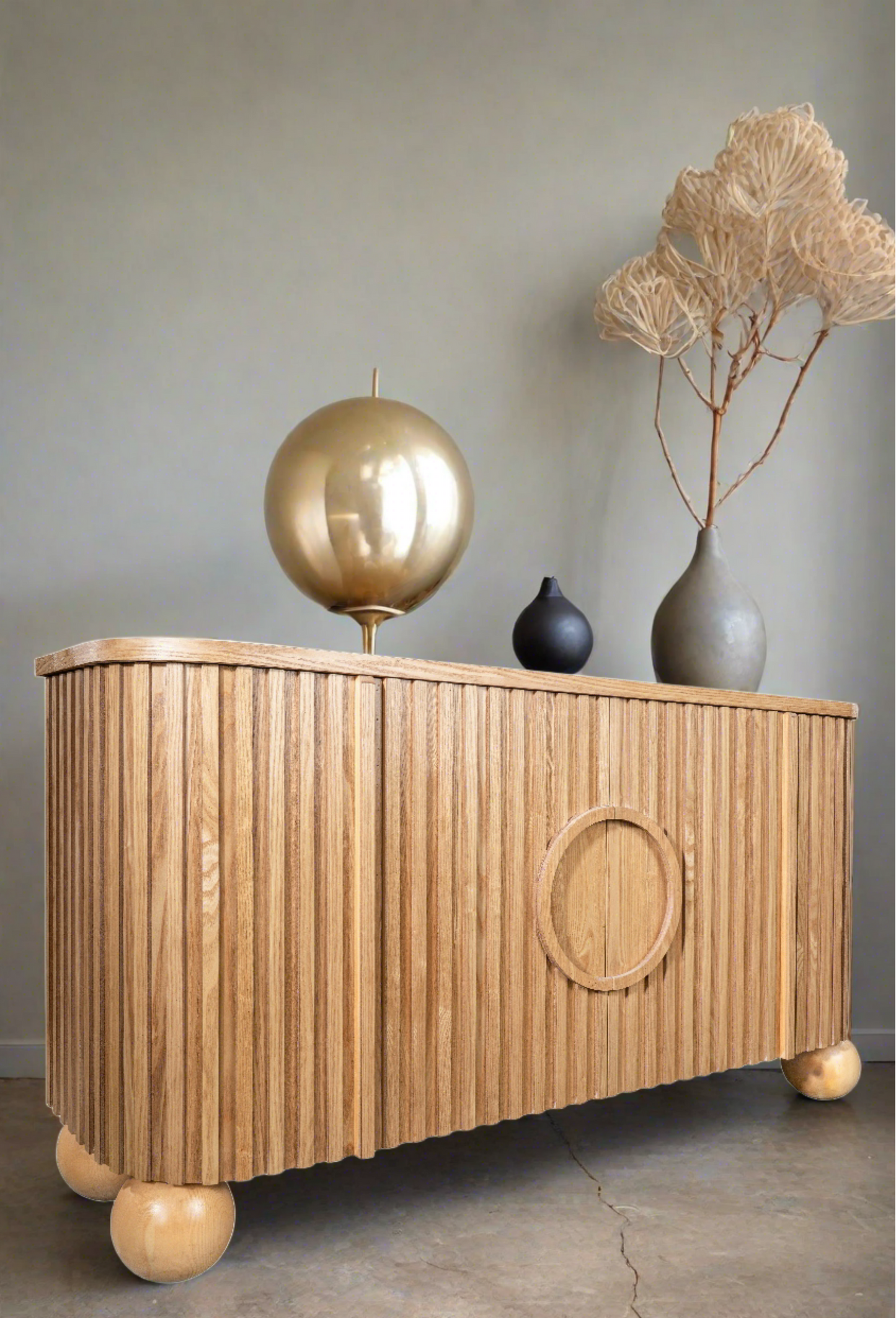 ball feet fluted contemporary light brown buffet, accent cabinet, sideboard