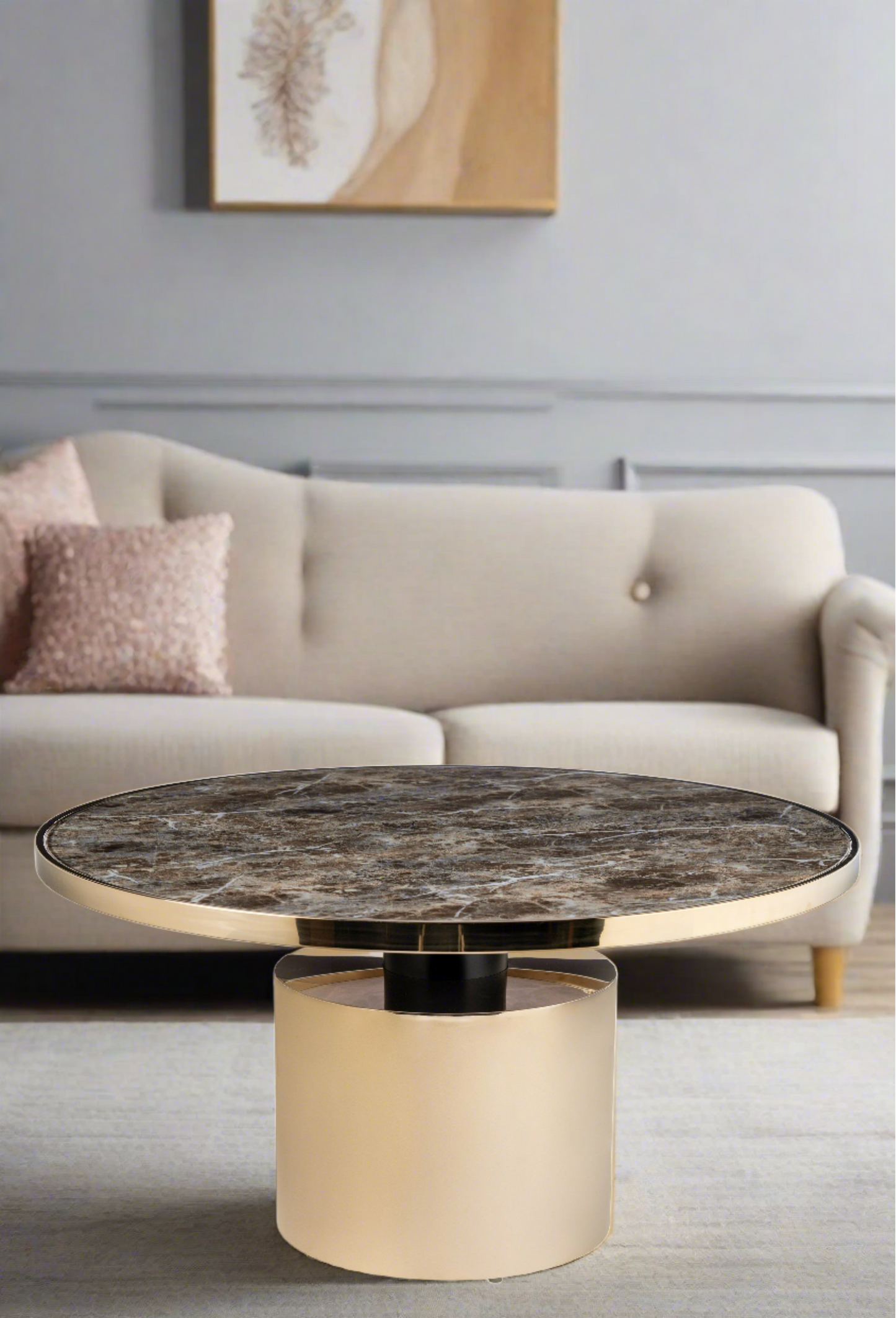 brown marble top round coffee table in gold