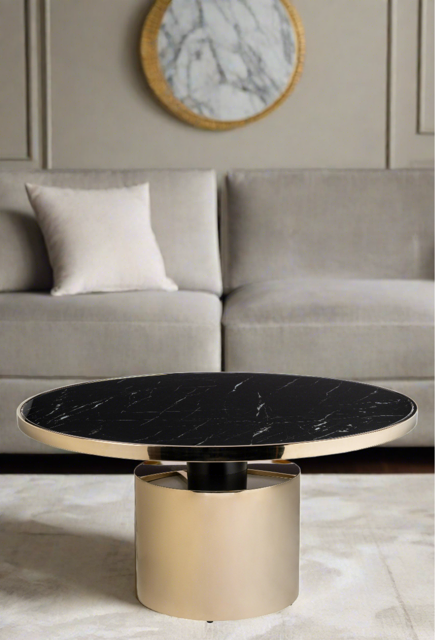 black marble top round modern coffee table in gold