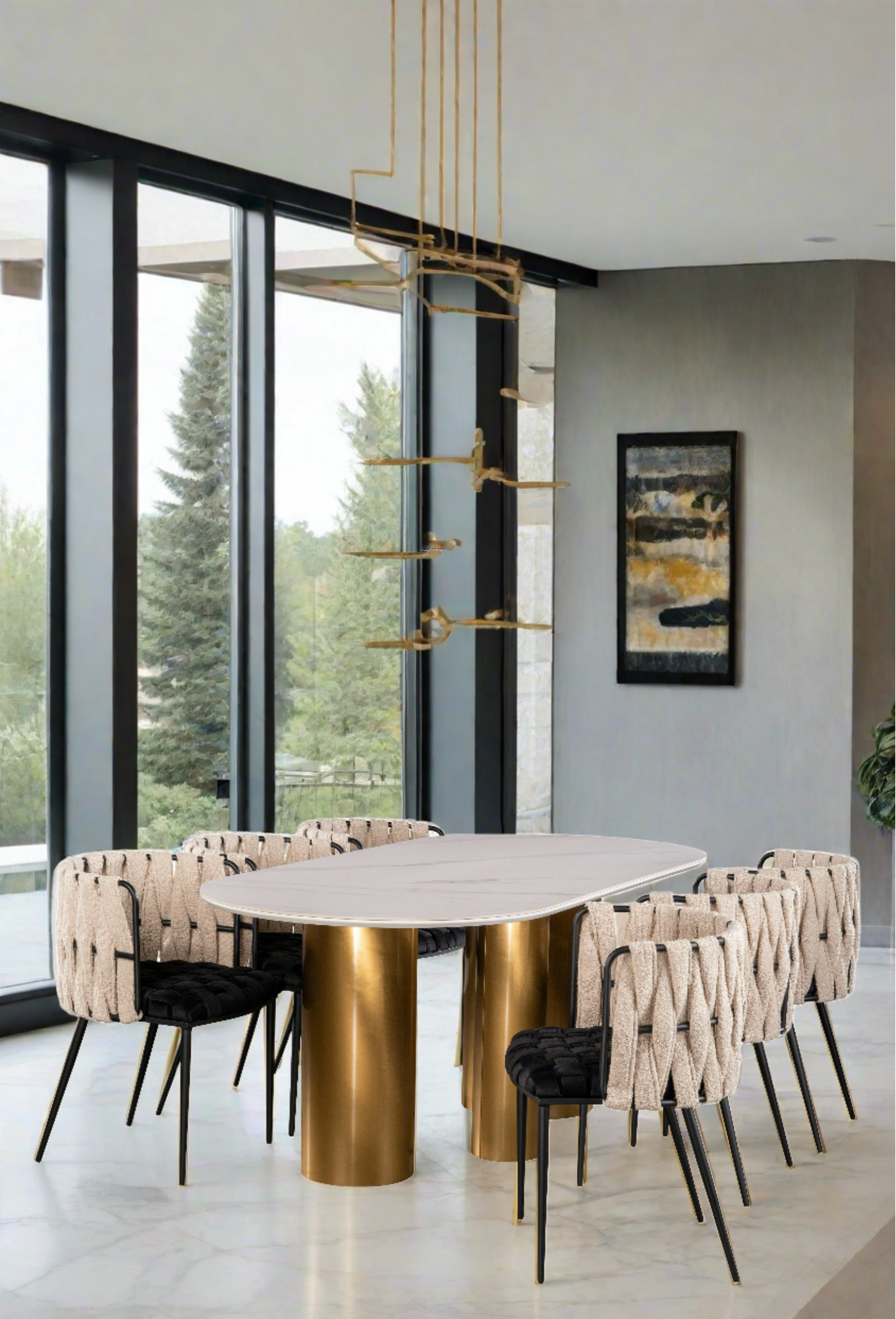 white marble top, gold column base oval dining table with 6 modernblack and white dining chairs