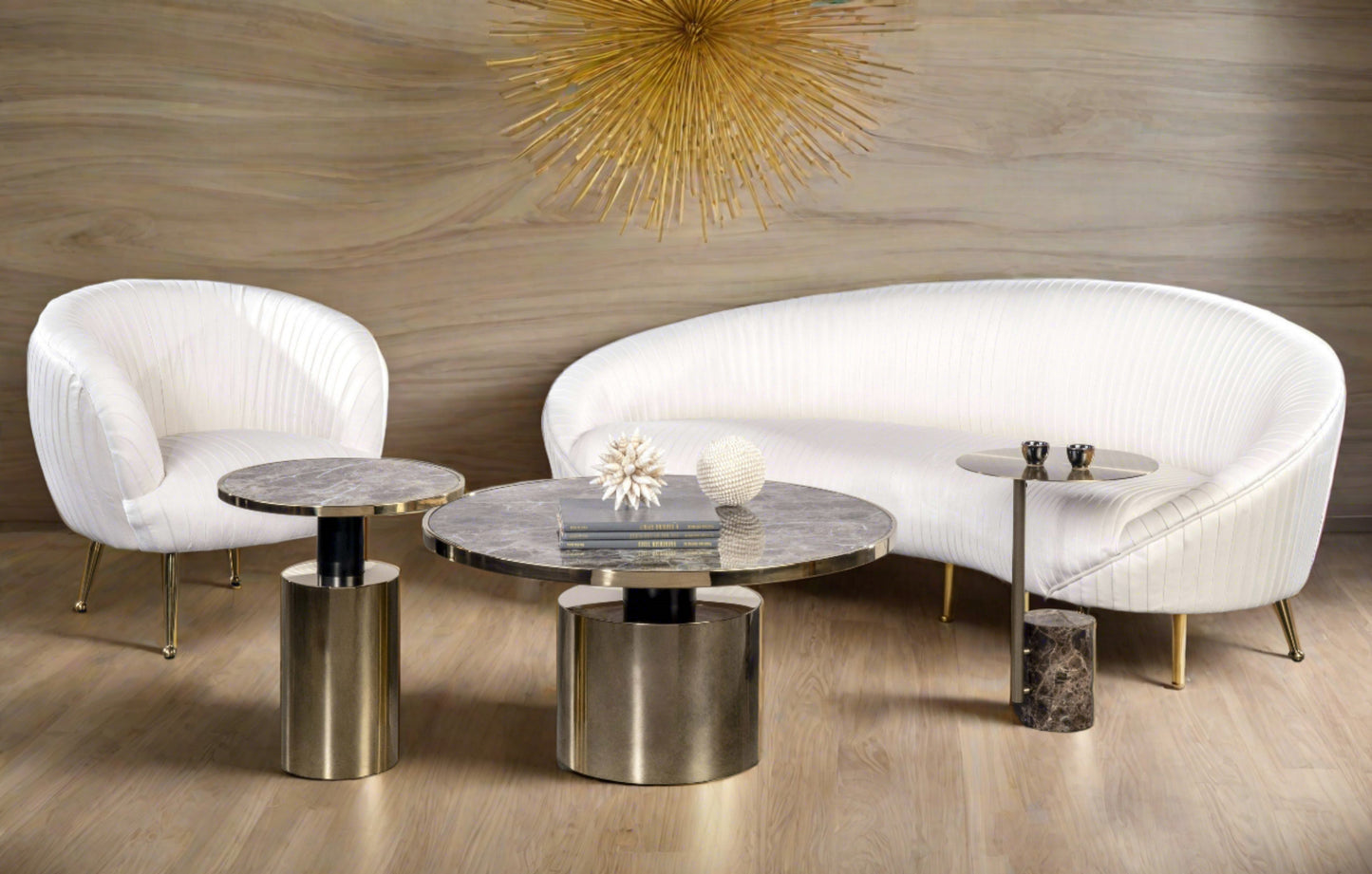 curved sofa and matching side chair with set of 3 marble top coffee side table set in gold