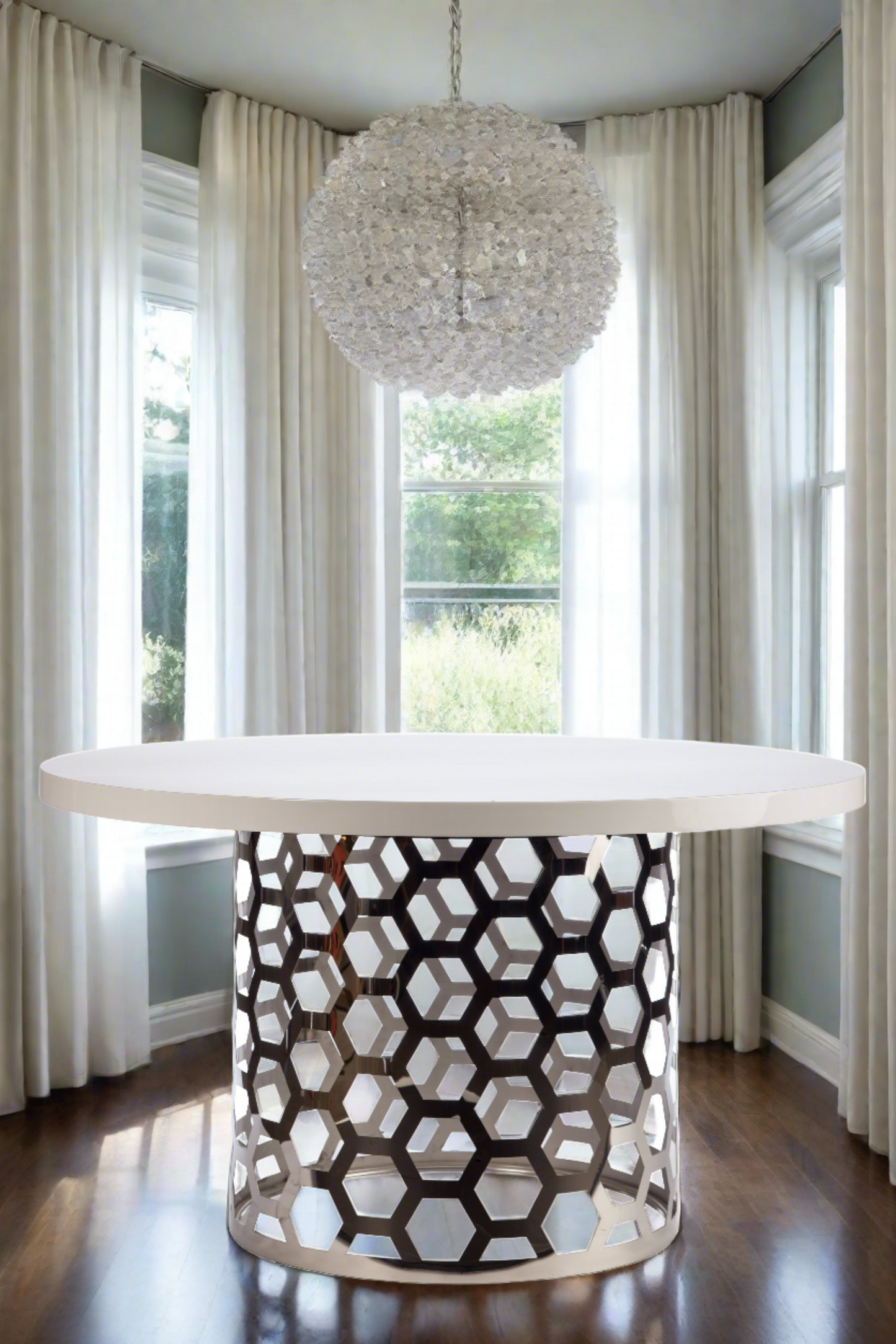 silver cutout base round modern dining table for 6 with white wood top