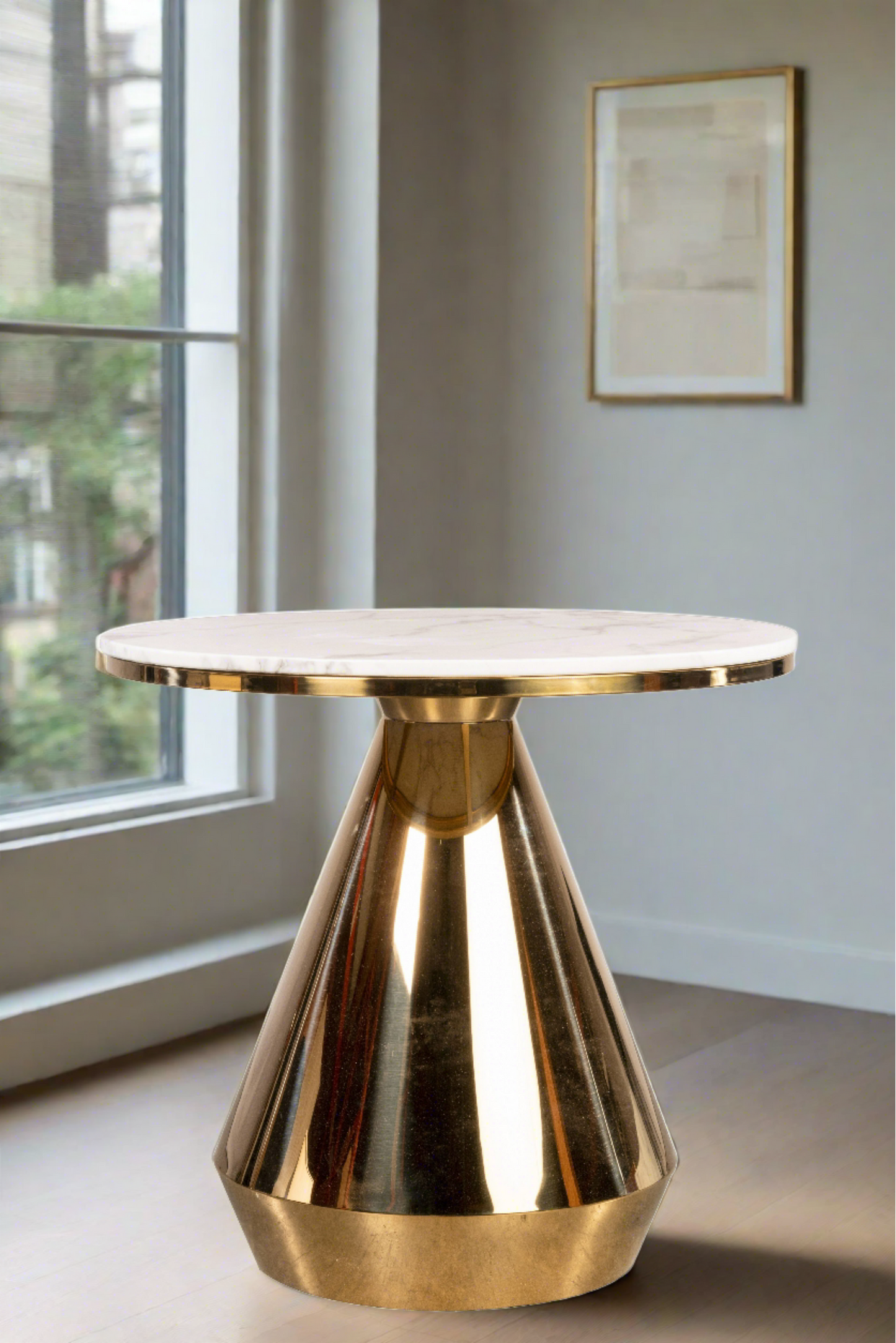 white marble top gold round bistro t able