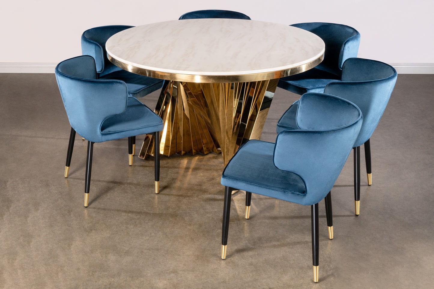 dining set with blue chairs