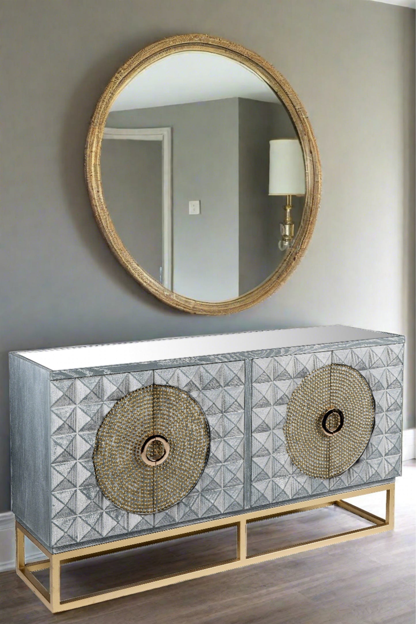 gray spike gold studded sideboard with mirrored top