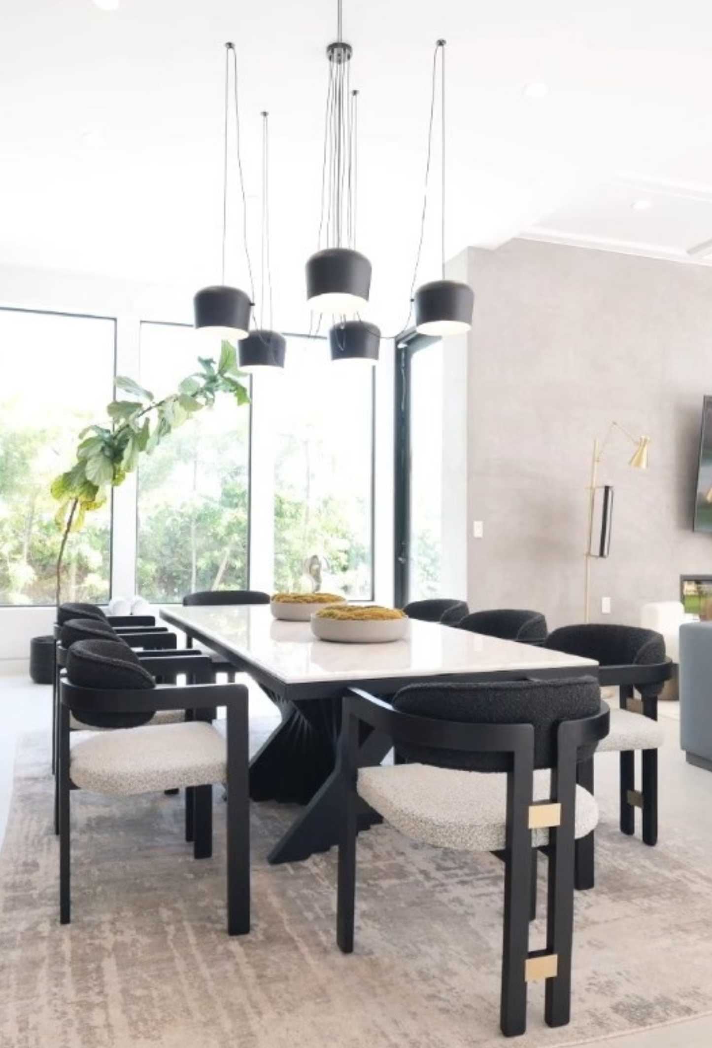 Conan 92" Long Marble Top Dining Table Set for 8 in Black and White