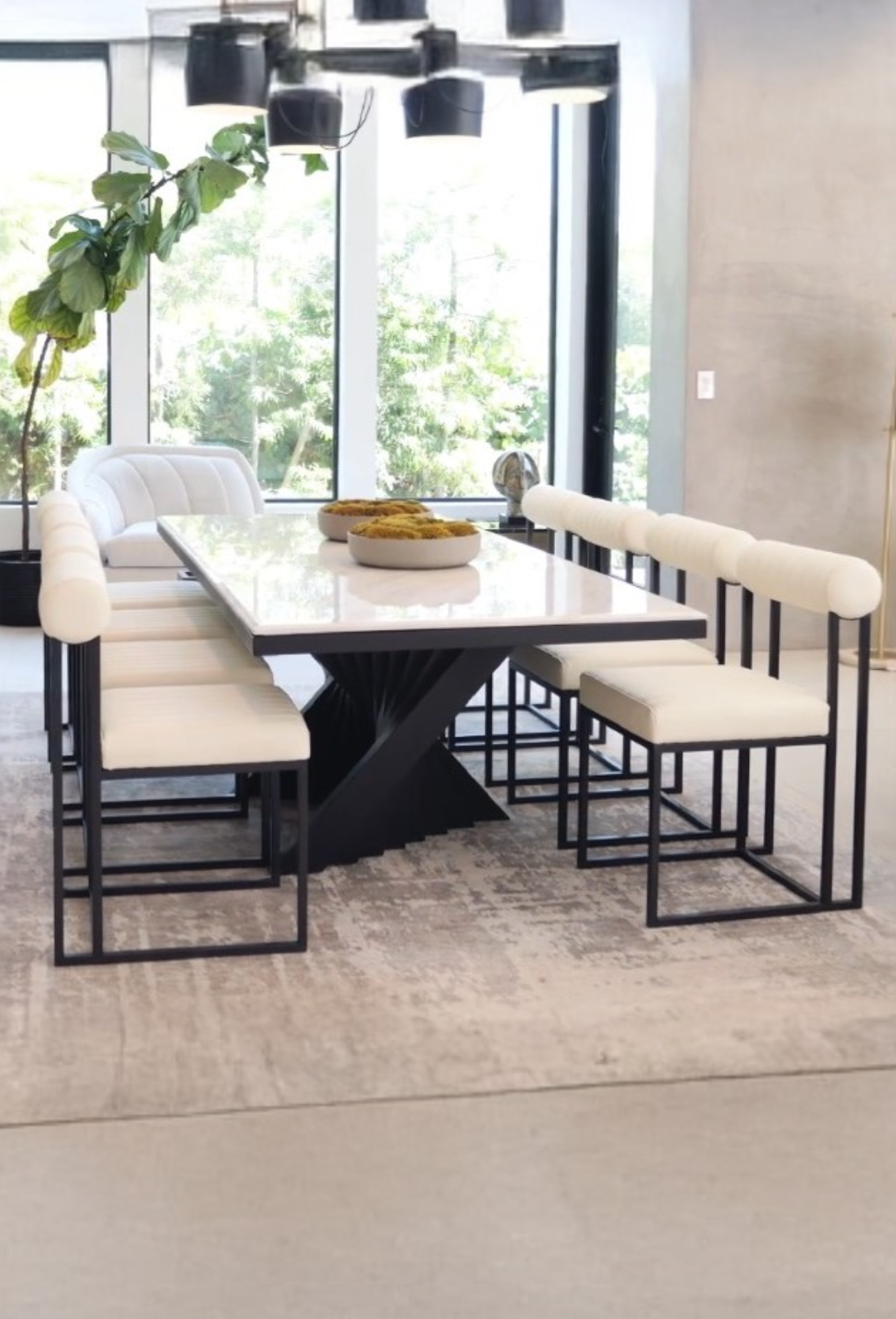 Milo 71" long Black Marble Top Sculptural Dining Table Set for 8 in Black and White