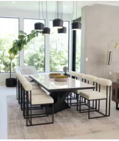 Milo 71" long Black Marble Top Sculptural Dining Table Set for 8 in Black and White