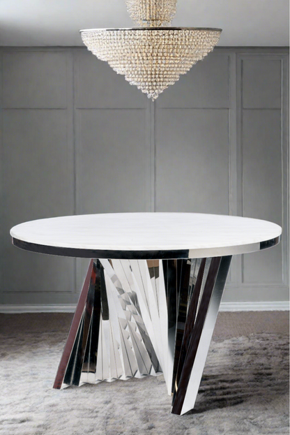 white marble top, chrome base round dining table 