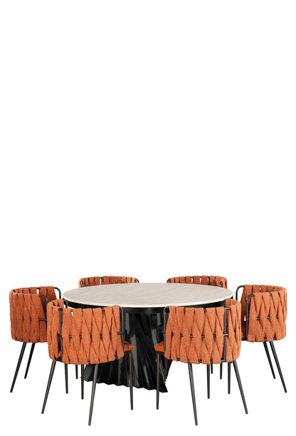 Waterfall Round Black Dining Set for 6 with Orange Chairs