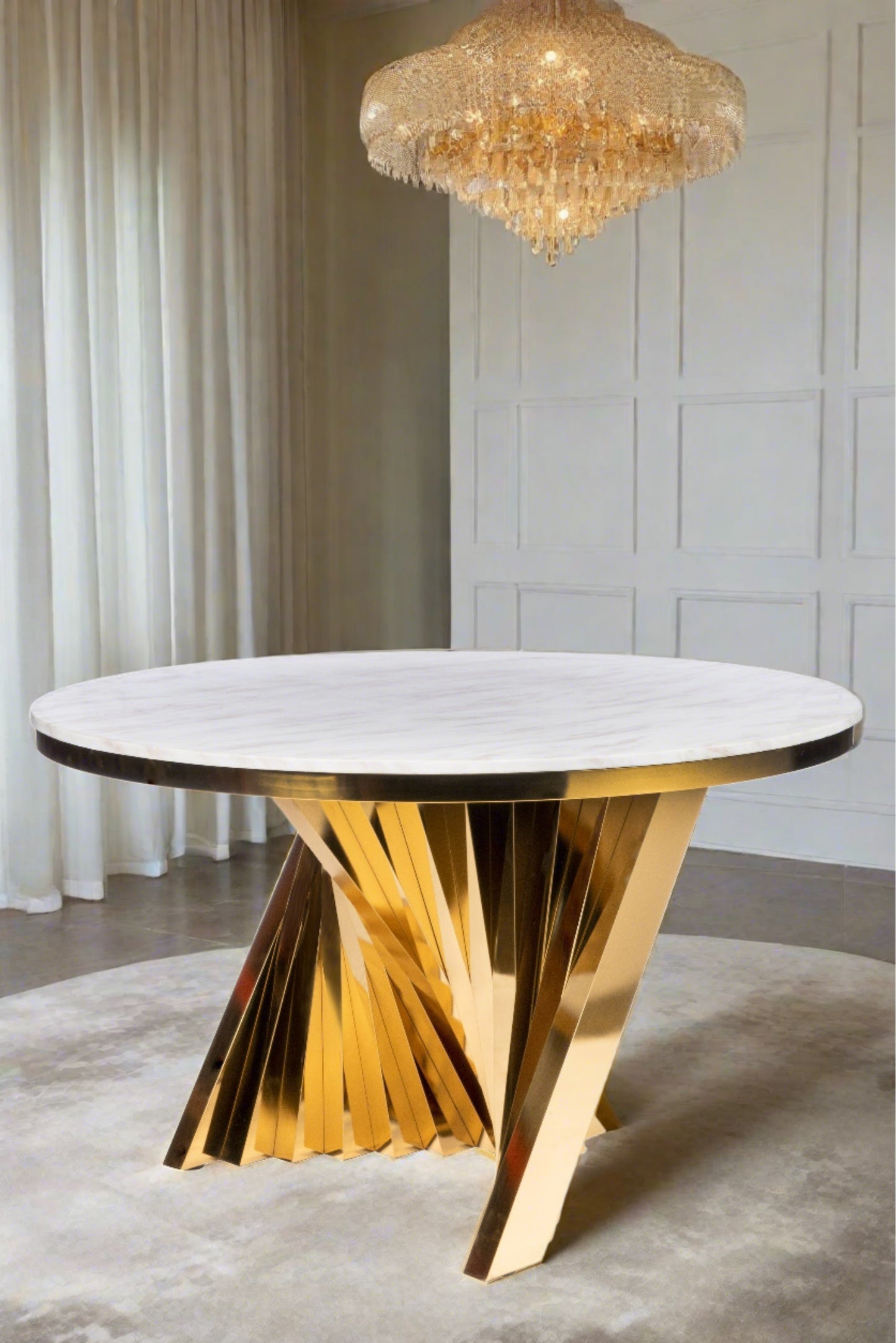 Waterfall Marble Top Round Dining Table in Gold