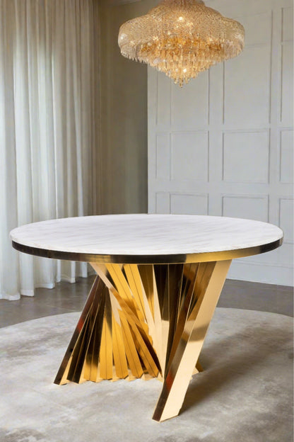 Waterfall Marble Top Round Dining Table in Gold