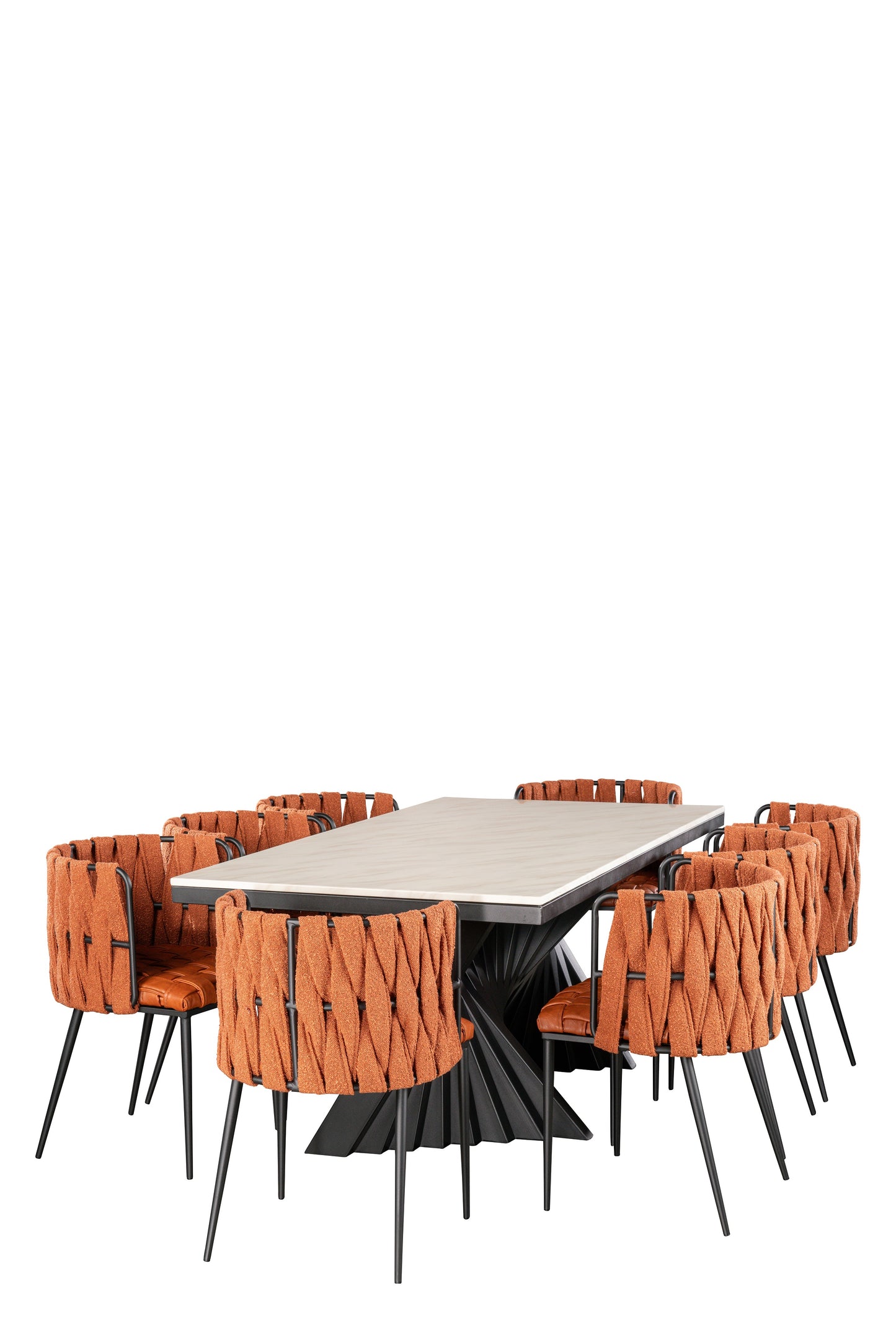 Black Waterfall Dining Set for 8 with Orange Chairs