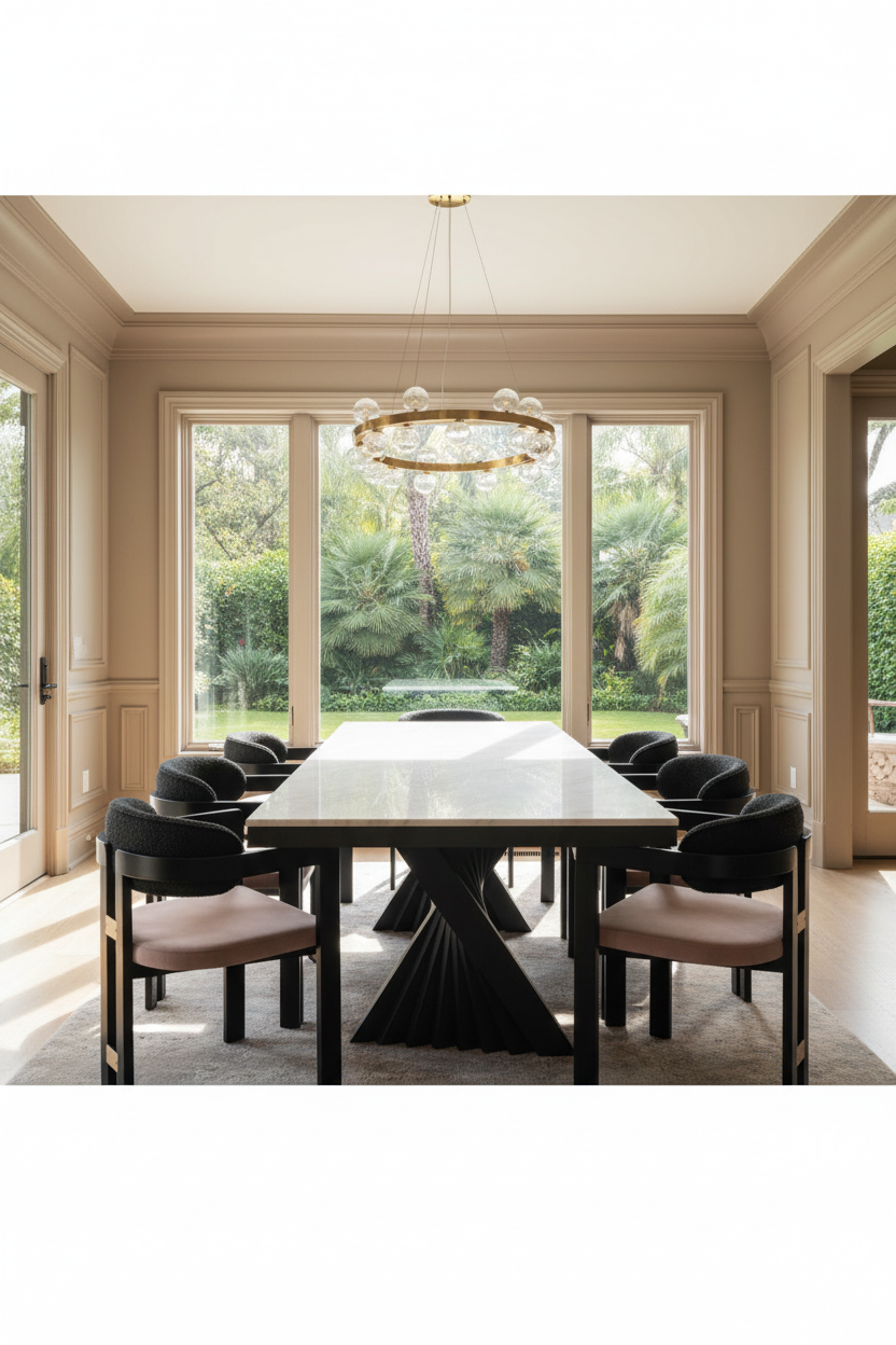 Modern dining room with a black and white marble table and chairs.