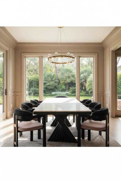 Modern dining room with a black and white marble table and chairs.