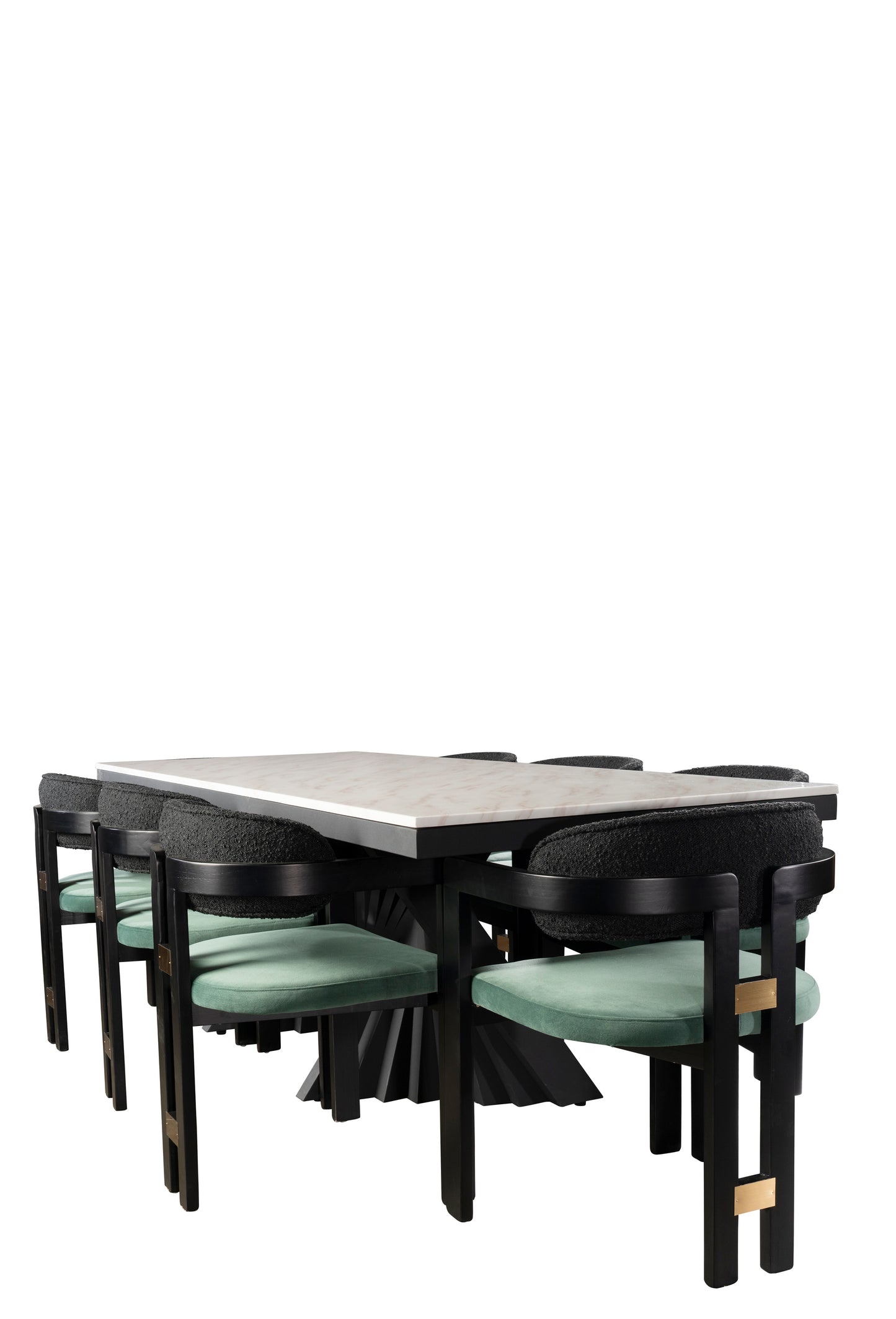 Dining table set with a black frame and green cushioned chairs 