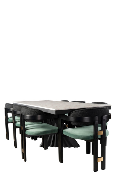 Dining table set with a black frame and green cushioned chairs 