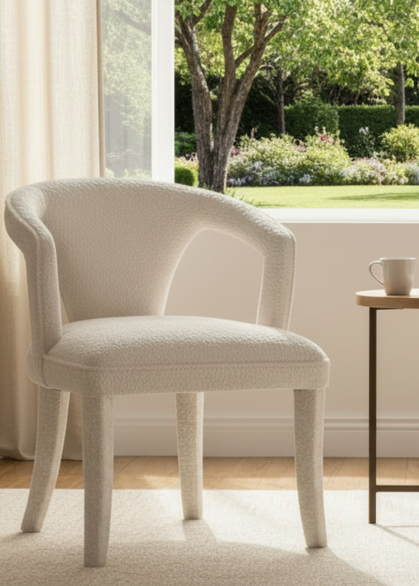 white boucle living room chair