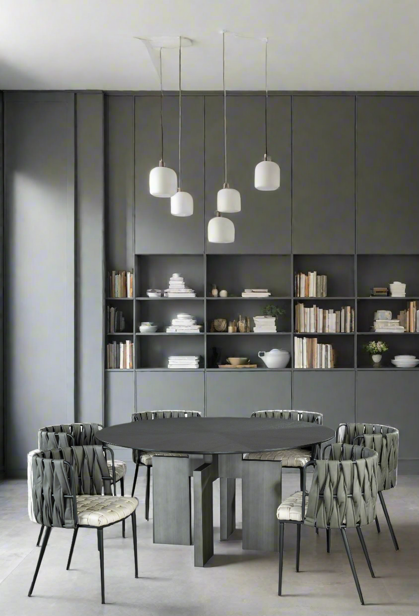 Adonis Round Dining Table Set for 6 with Gray and White Chairs