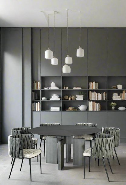 Adonis Round Dining Table Set for 6 with Gray and White Chairs