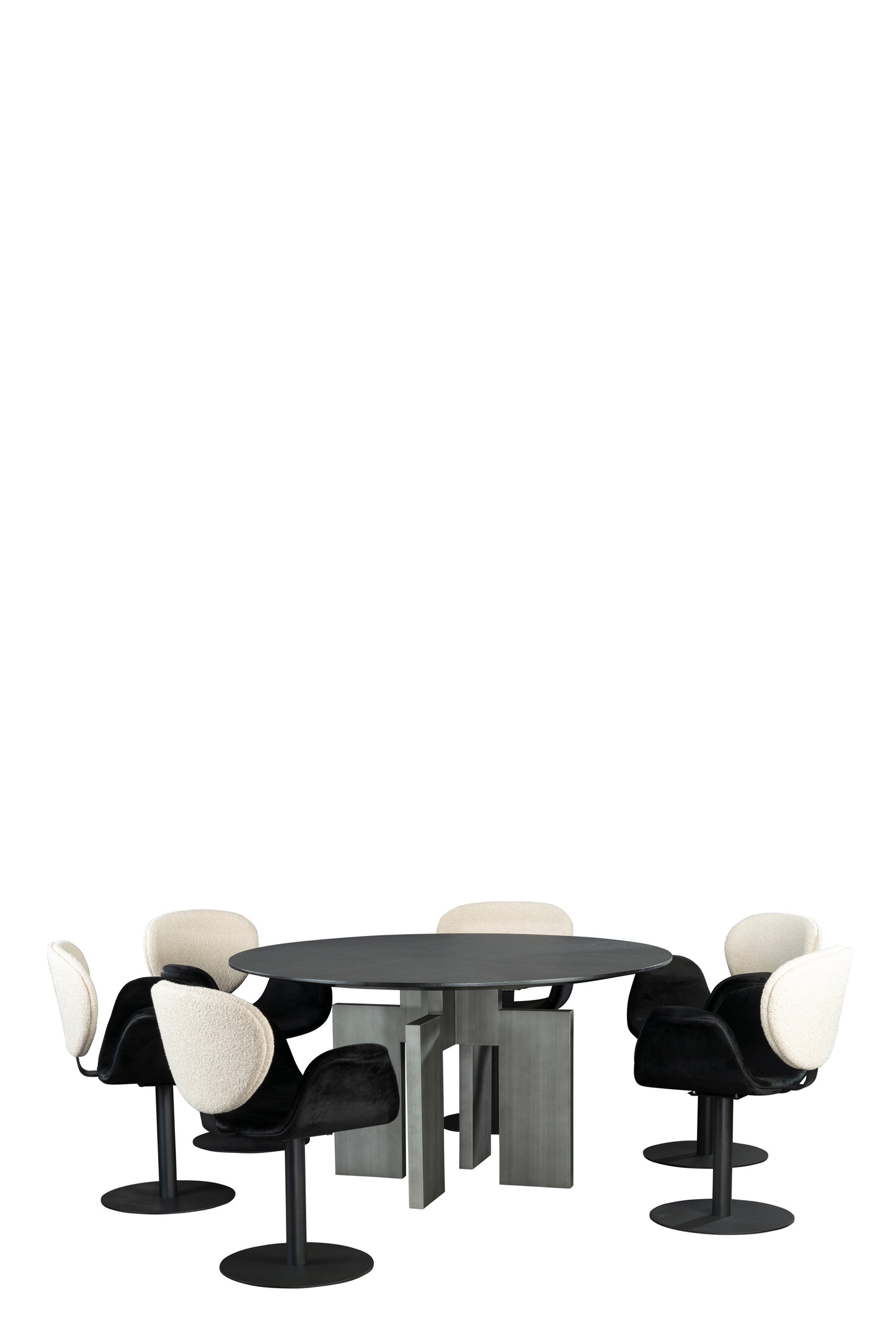 Adonis Round Black Dining Table Set with 6 Black and White Chairs