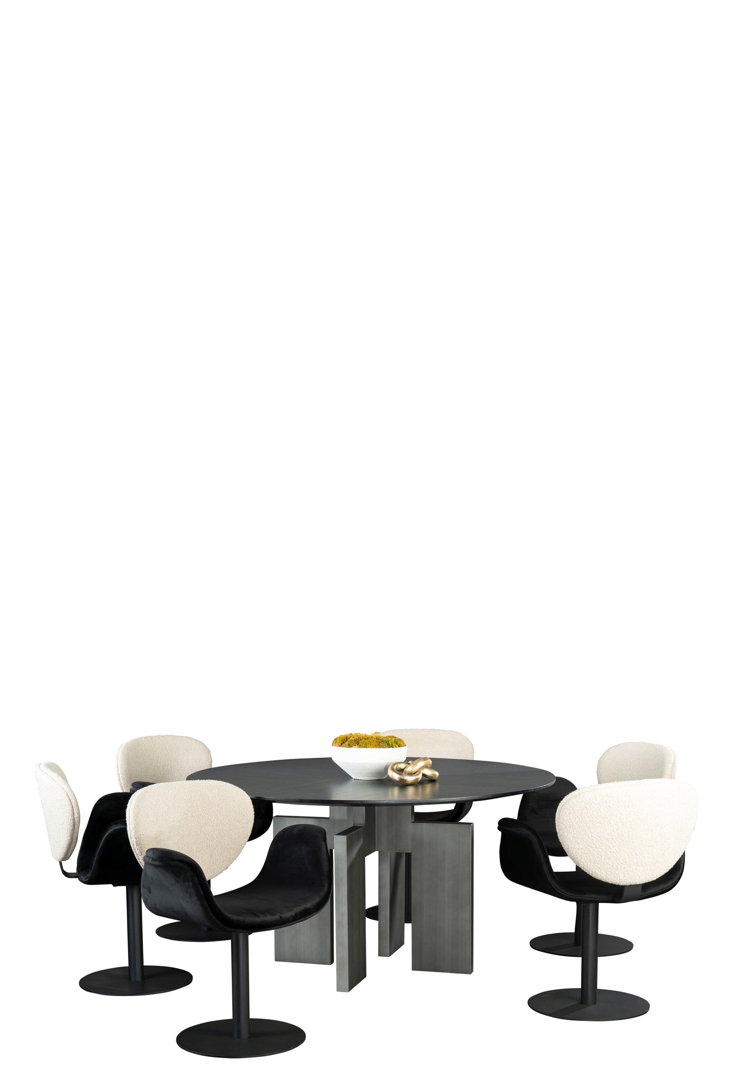 Adonis Round Black Dining Table Set with 6 Black and White Chairs