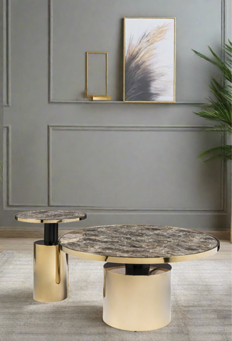 marble t op round coffee table set in gold