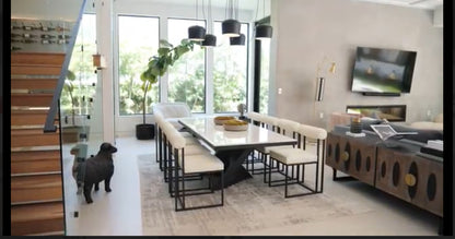 Milo 71" long Black Marble Top Sculptural Dining Table Set for 8 in Black and White