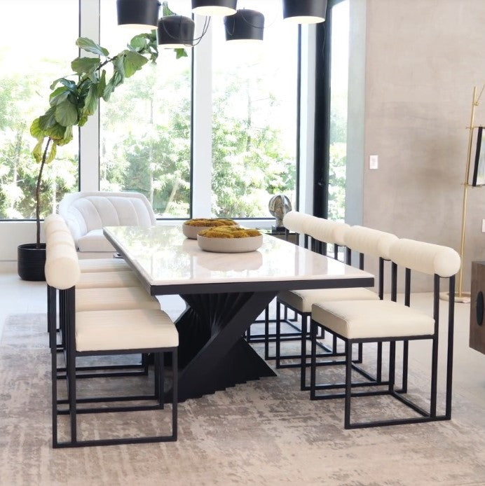 Milo 71" long Black Marble Top Sculptural Dining Table Set for 8 in Black and White