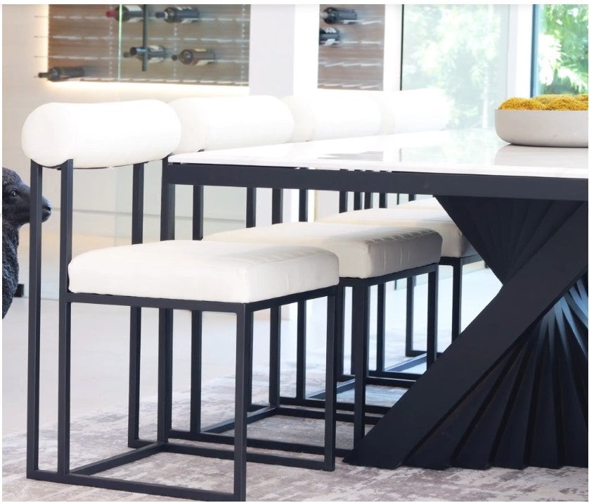 Milo 71" long Black Marble Top Sculptural Dining Table Set for 8 in Black and White