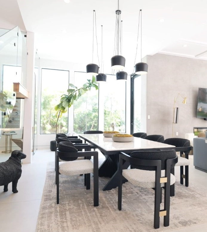 Conan 92" Long Marble Top Dining Table Set for 8 in Black and White