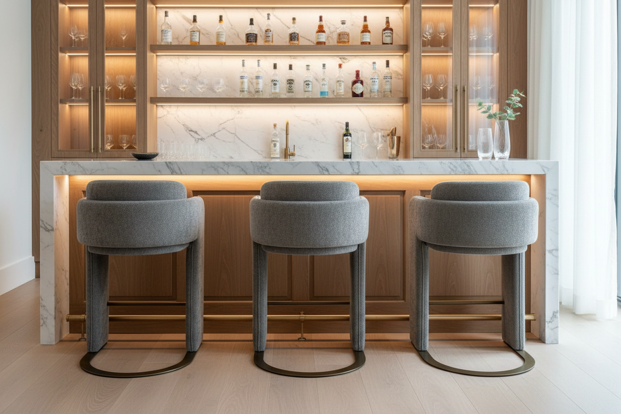 Indigo Upholstered Gray Bar Chair with Brass Base-30" Seat Height