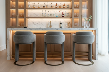 Indigo Upholstered Gray Bar Chair with Brass Base-30" Seat Height