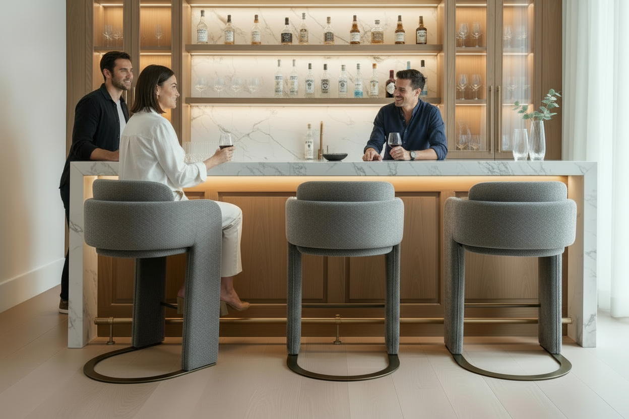 Indigo Upholstered Gray Bar Chair with Brass Base-30" Seat Height