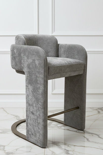Indigo Upholstered Gray Bar Chair with Brass Base-30" Seat Height