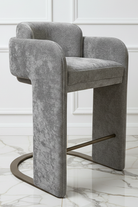 Indigo Upholstered Gray Bar Chair with Brass Base-30" Seat Height