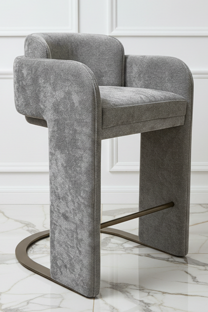Indigo Upholstered Gray Bar Chair with Brass Base-30" Seat Height