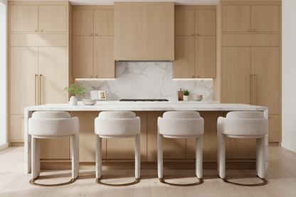 light gray counter stools with oak cabinets