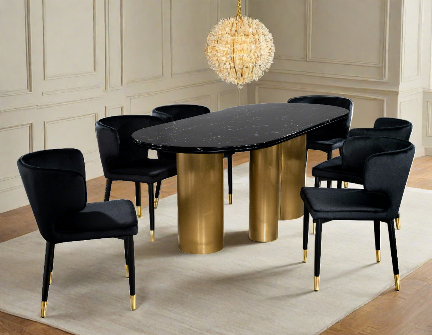 Balmain Marble Top Oval Dining Table for 6 with Black Chairs