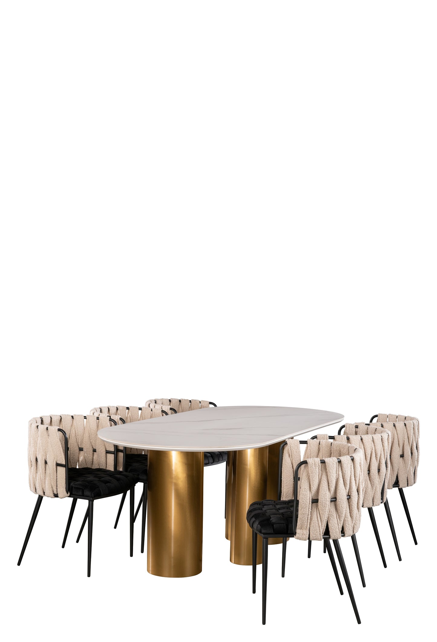 Balmain Stone Top Oval Dining Table for 6 with Black and White Chairs