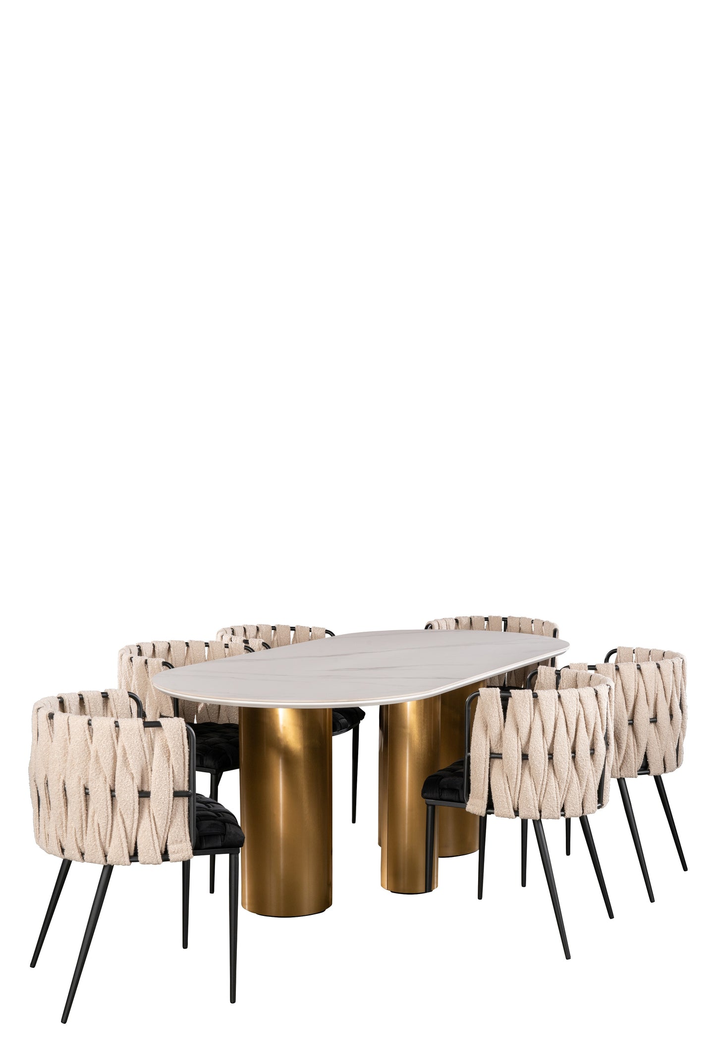 Balmain Stone Top Oval Dining Table for 6 with Black and White Chairs