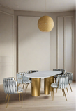 modern glam marble top dining table set  for 6  with gold and gray chairs