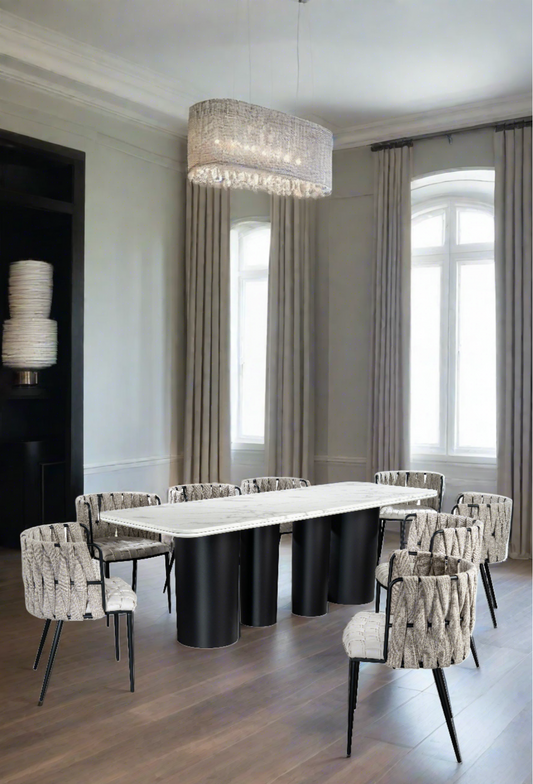 Balmain 92" Marble Top Dining Set with Off White Chairs