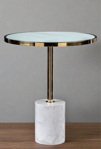 white and gold round marble side table