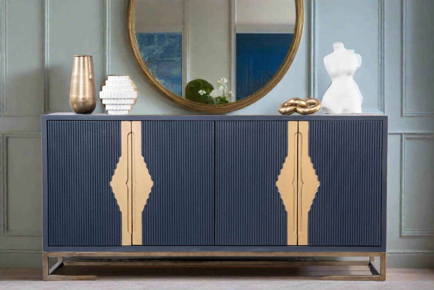 blue contemporary fluted sideboard with gold base