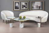 white curved sofa, white accent chair, white and gold marble base coffee table set
